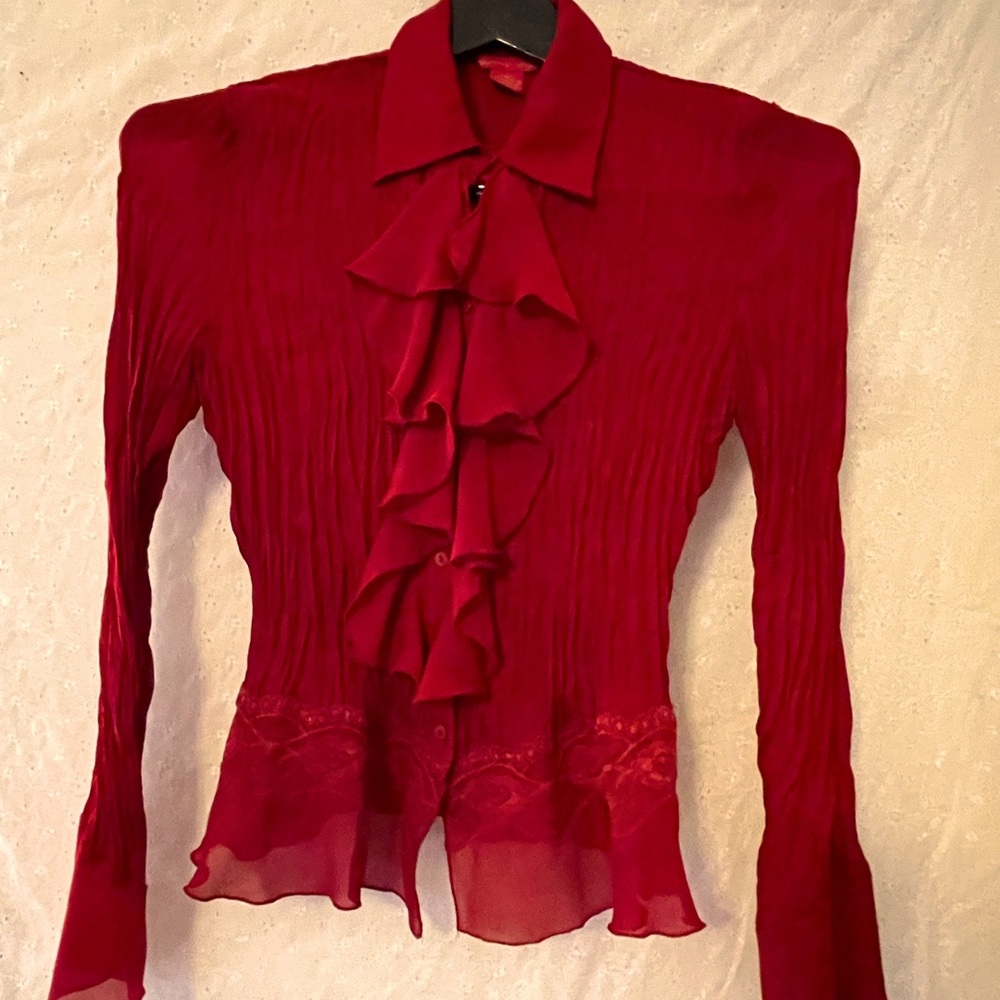 🟢 Sunny Leigh Burgundy Ruffle Button Down Blouse Size M Lace Hem Sheer Crepe Top